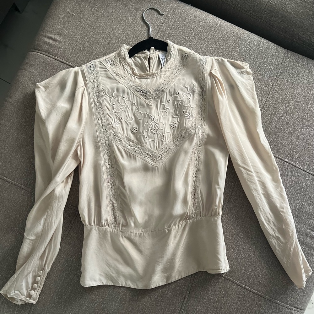 &OtherStories Elegant Embroidered Puff-Sleeve Cream Women's Top (Size XS) - Picture 6 of 6